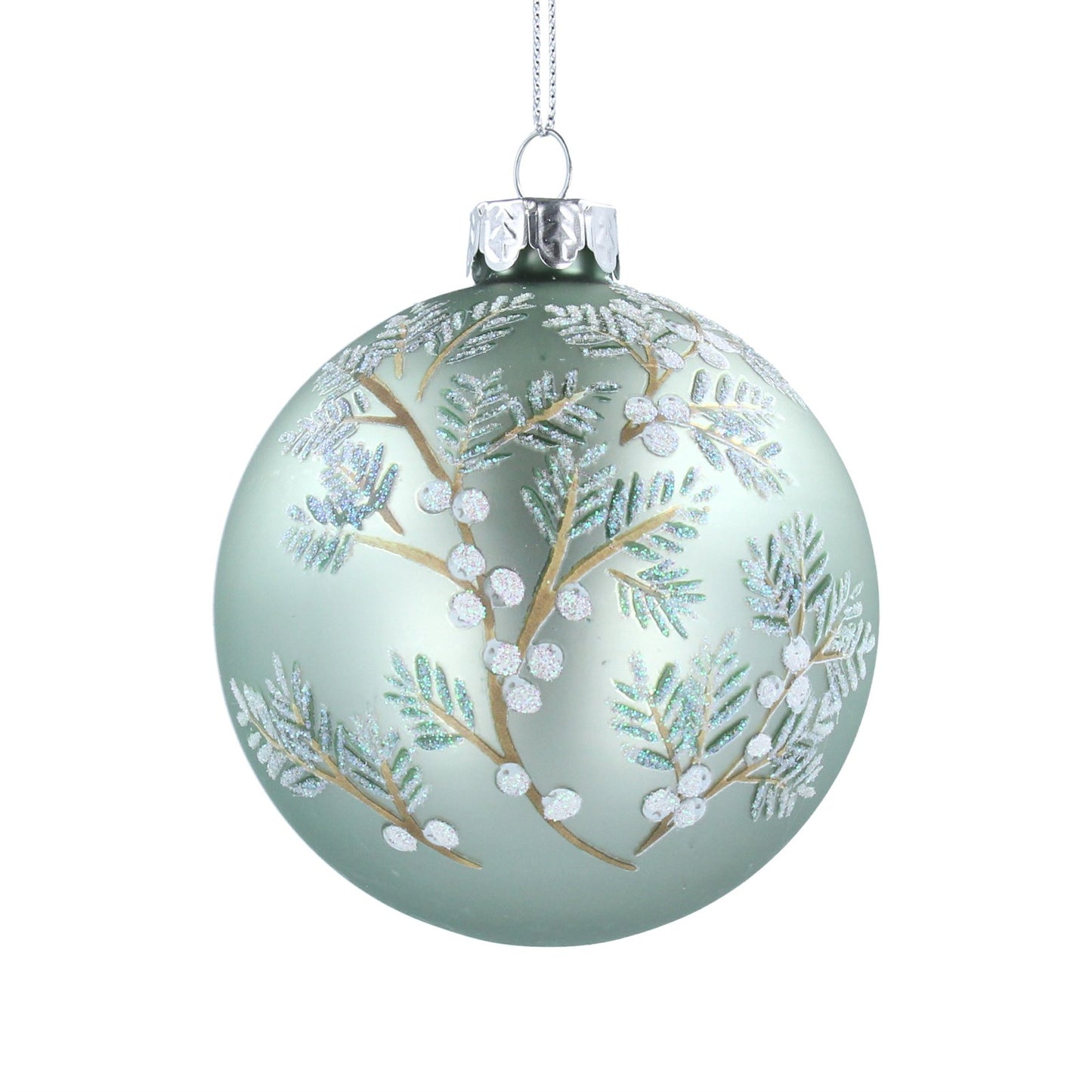 Glass Bauble - Matte Pale Green, Painted White Berries