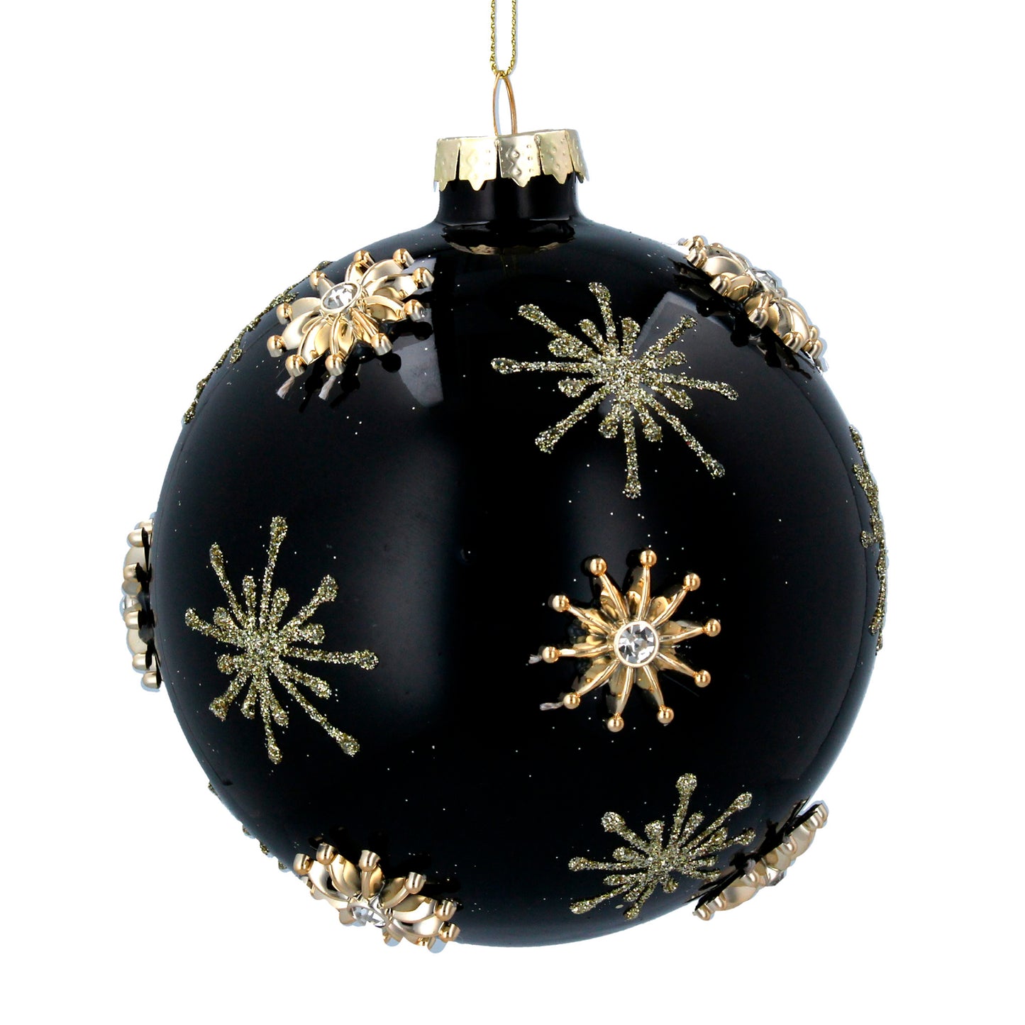 Glass Bauble 10cm - Black/Gold w Jewelled Stars