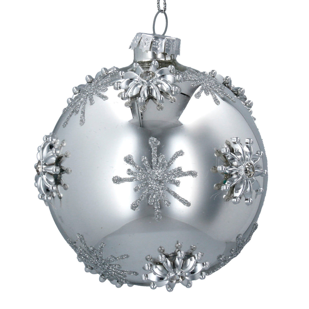 Glass Bauble 8cm - Silver w Jewelled Stars