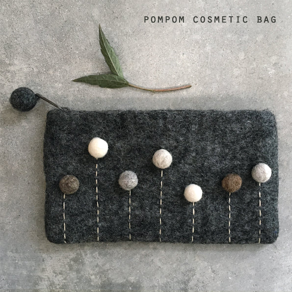 Felt pompom cosmetic bag - Charcoal