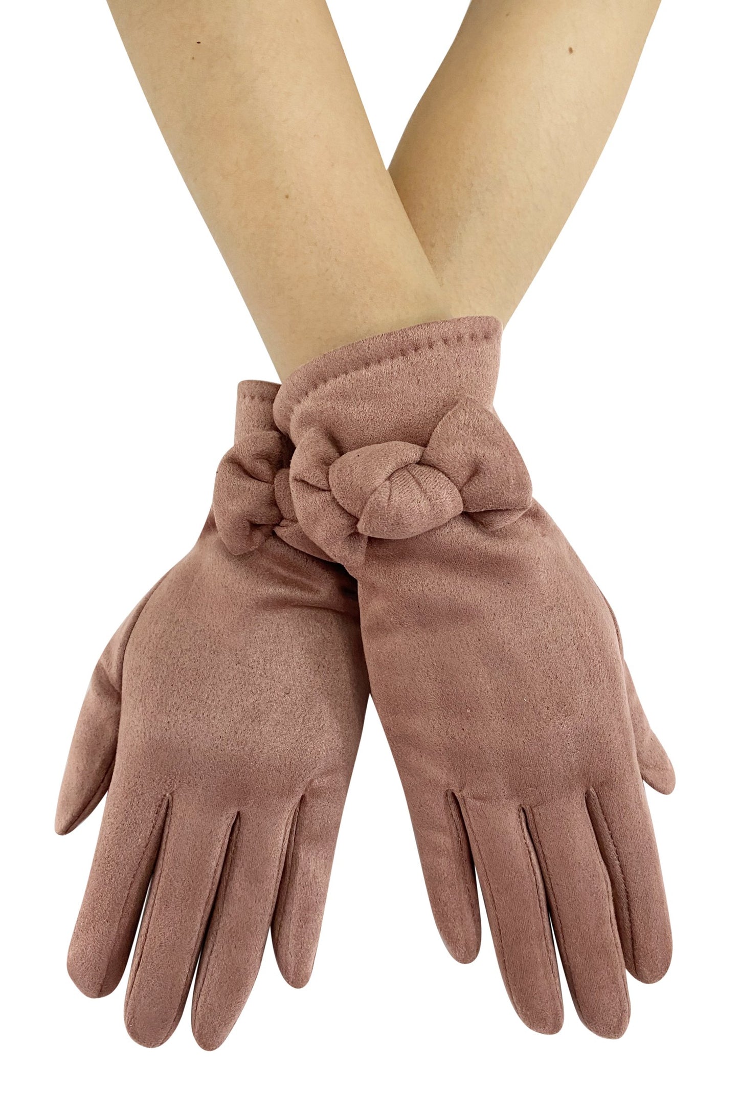 Suede Effect Touchscreen Gloves With Bow – Color: Pink