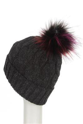 Faux Fur Cable Twist Beanie Hat Dark Grey