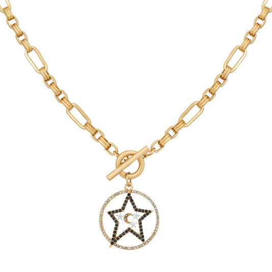 Gold Star and Moon T- Bar Necklace