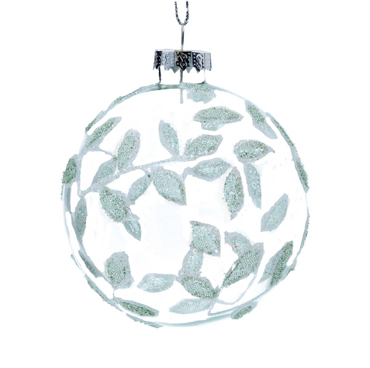 Glass Dec 8cm - Clear Bauble w Green Glitter Leaves