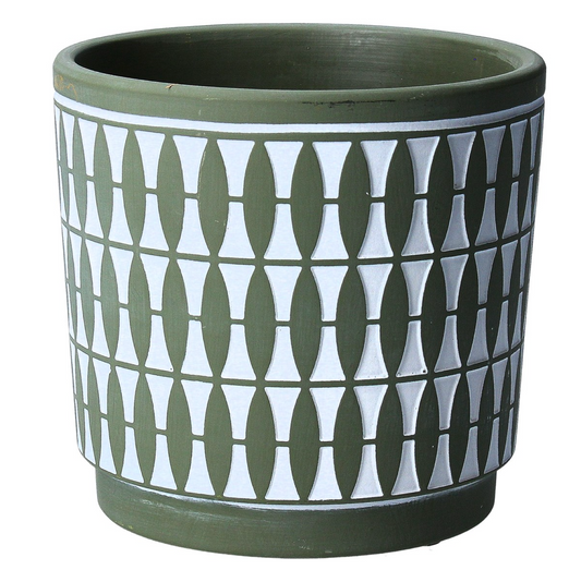 Terracotta Pot Cover 12.5cm - Green Geo Pattern