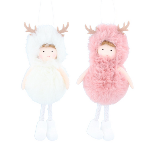 ! Fabric Orn 14cm - Faux Fur Pink/White Children w Antlers