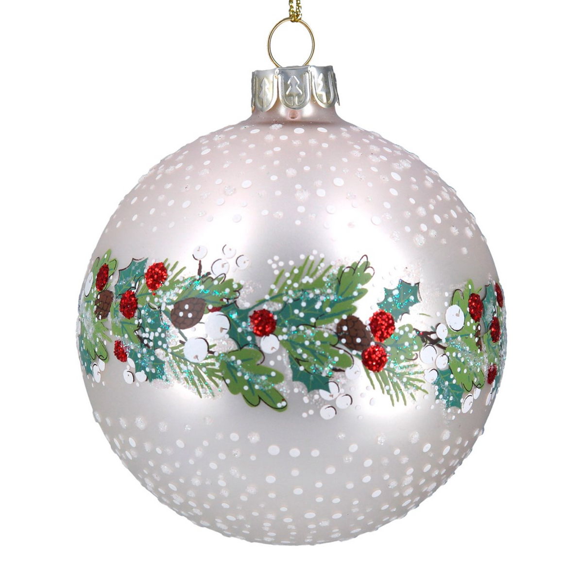 Glass Bauble - Matte White w Leaf & Berry Band