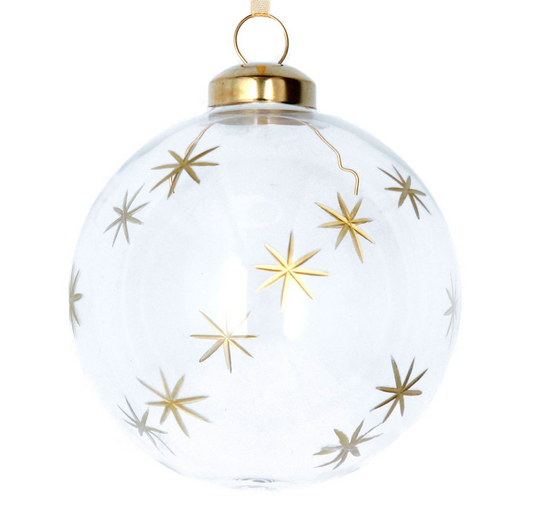 Glass Bauble - Clear w Gold Etched Stars