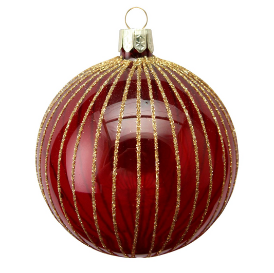 Glass Bauble - Clear Red/Gold Stripe